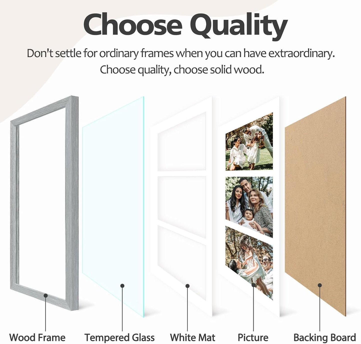 Golden State Art 9x18 Grey Wood Frame - for Three 5x7 Pictures, 3 Pack | Matted to 3 5x7 Picture,Solid Wood Collage