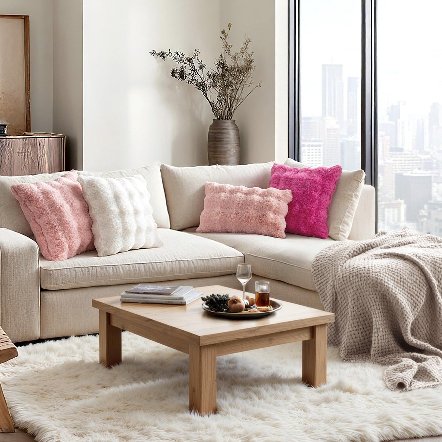 Faux Fur Pillow Covers Thick Soft Plush Throw Pillows Spring / 18 x 18 / Light Pink / Set of 2