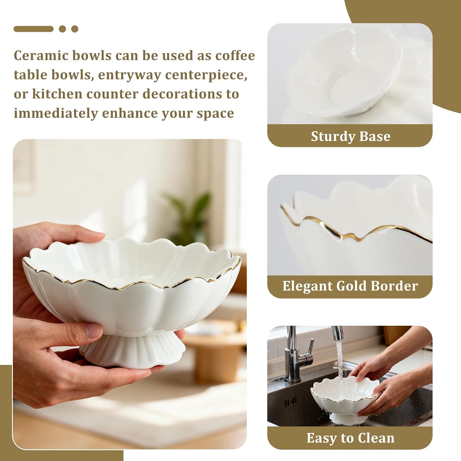 Small Decorative Bowl Ceramic Key & Fruit Bowl Ruffle Lotus Shape / 8 Inch / White