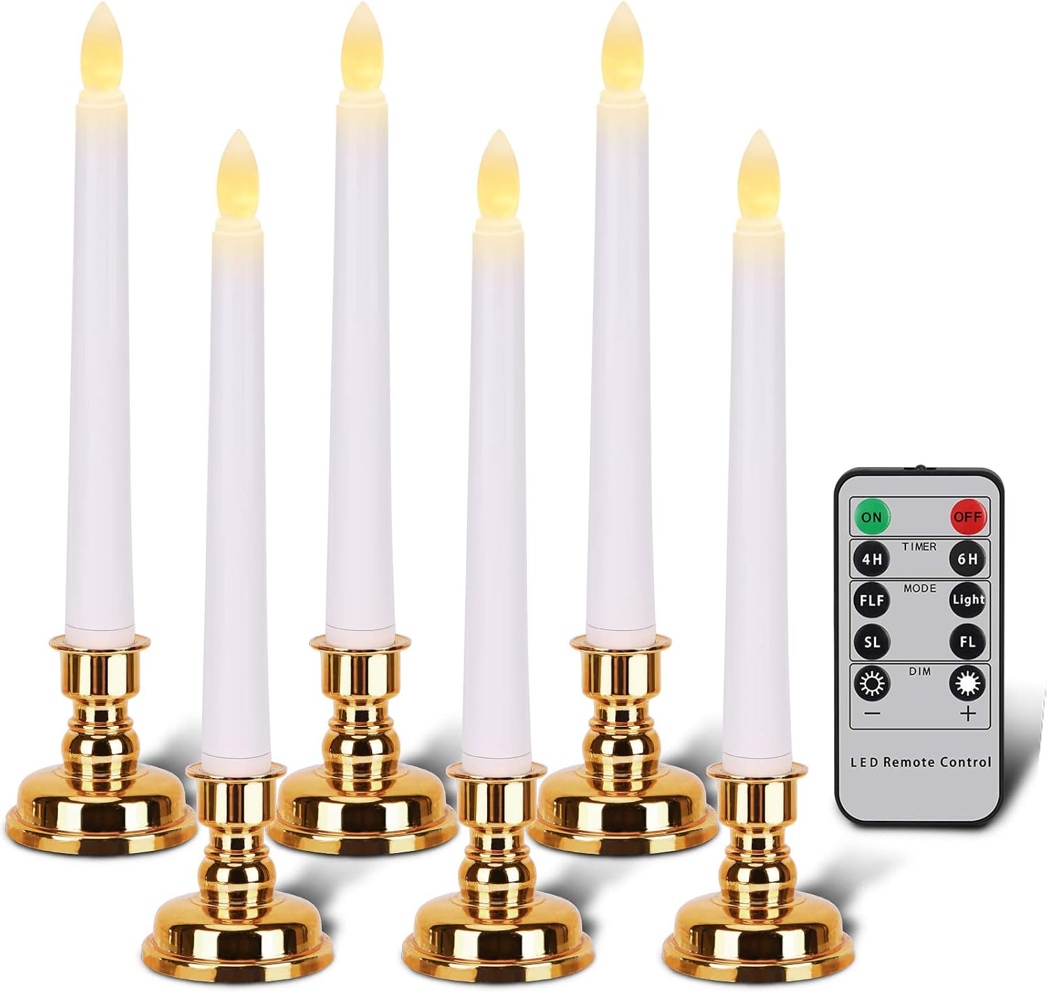 Flameless Window Candles with Gold Bases, Battery Operated Taper Candle with 4H/6H Daily Timer, Remote Window Candle