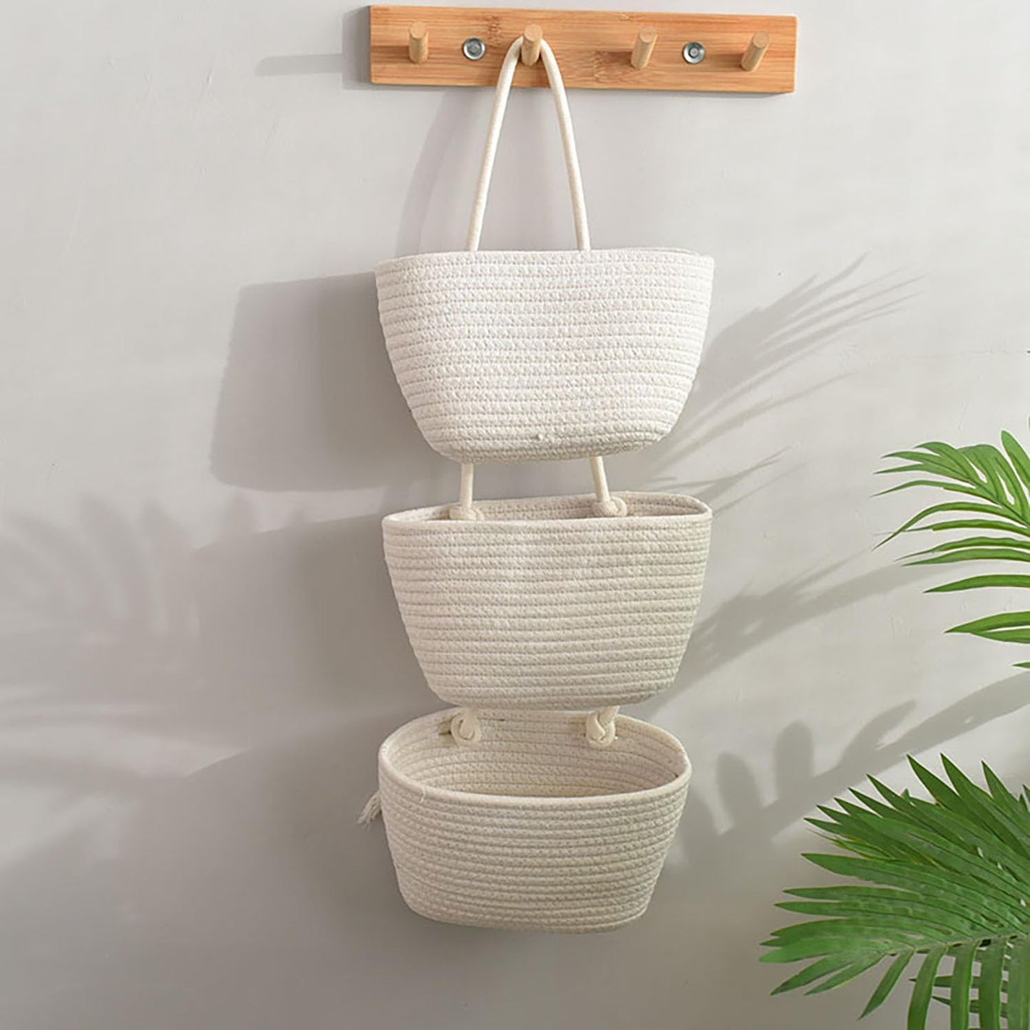 Woven Cotton Hanging Baskets for Organizing Decor 3-Tier Over the Door Wall-Mounted Storage / White