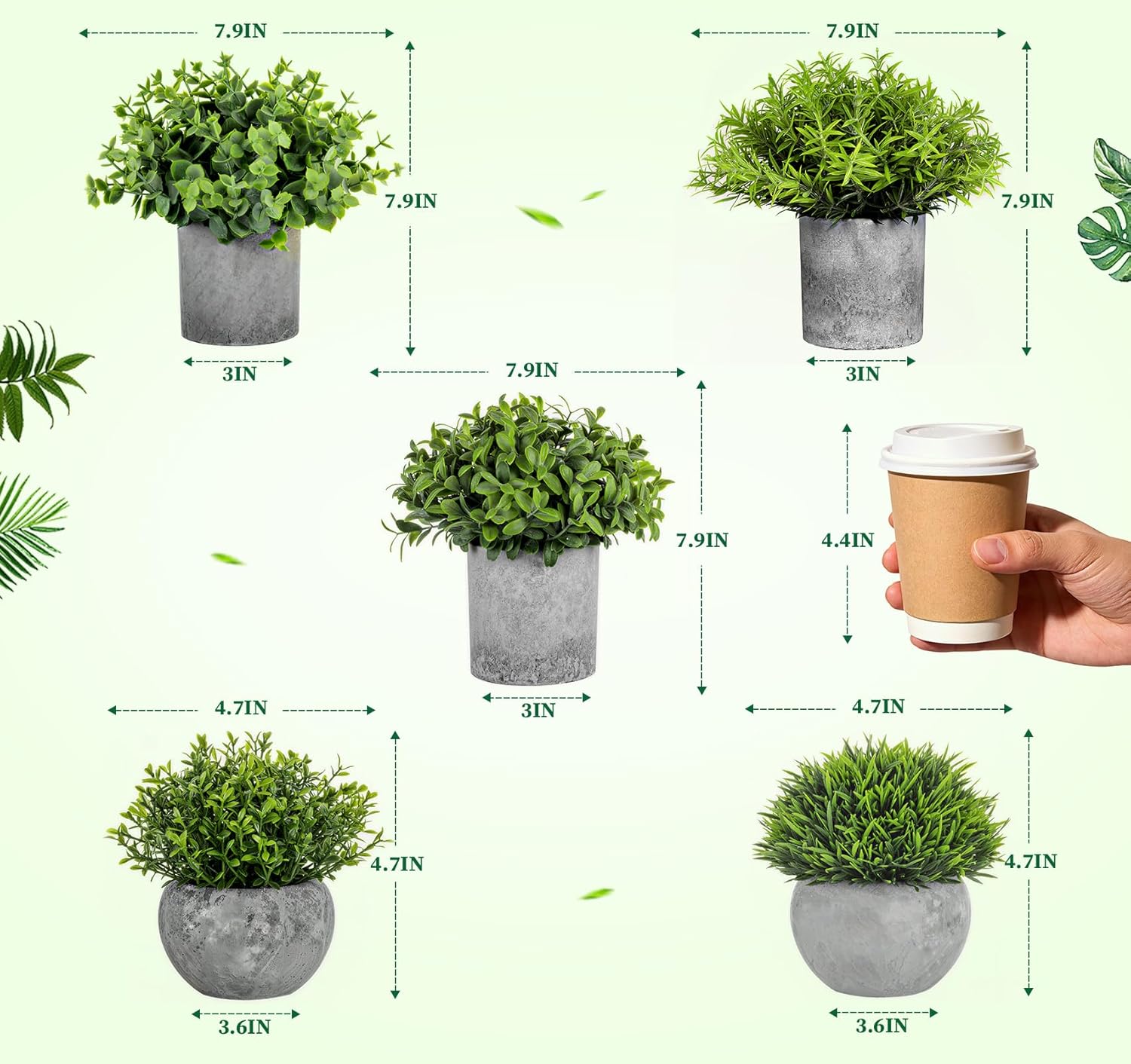 Artificial Eucalyptus Mini Potted Plant Indoor Greenery Plastic Fake / 2 Green+3 Grey / Set of 5