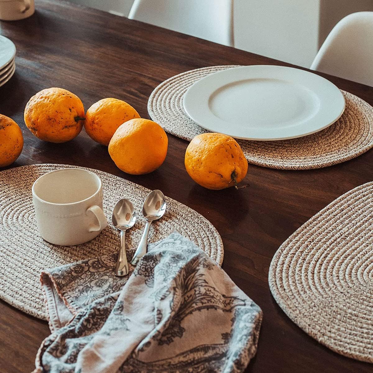 6 Pack Woven Placemats Fabric Tablemats, 12x16 inches Plate Chargers Cotton Weave Placemat Oval Braided Rattan