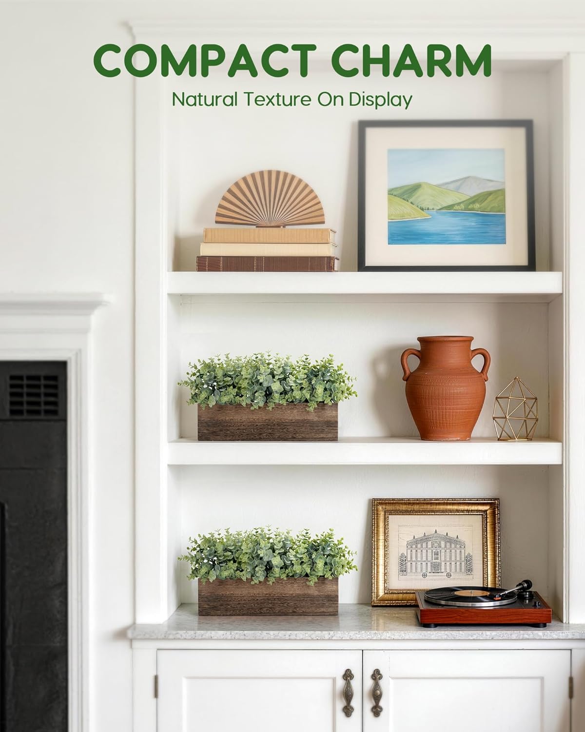 14" Artificial Plants in Rustic Rectangular Wooden Planter Box / Eucalyptus