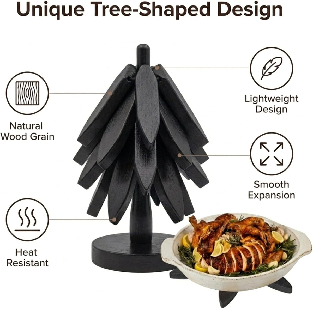 Tree Shaped Wooden Trivets for Hot Dishes, Pots & Pans - Hot Pads | Heat-resistant countertop protection, compact