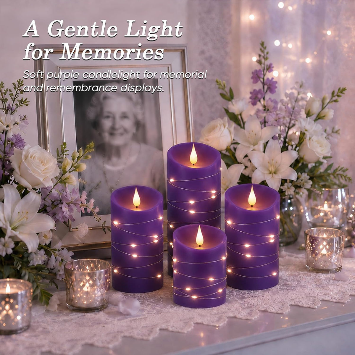 Homemory Purple Flameless Candles with String Lights, Remote Timer, 3 Pack | Flameless candles with string lights, real