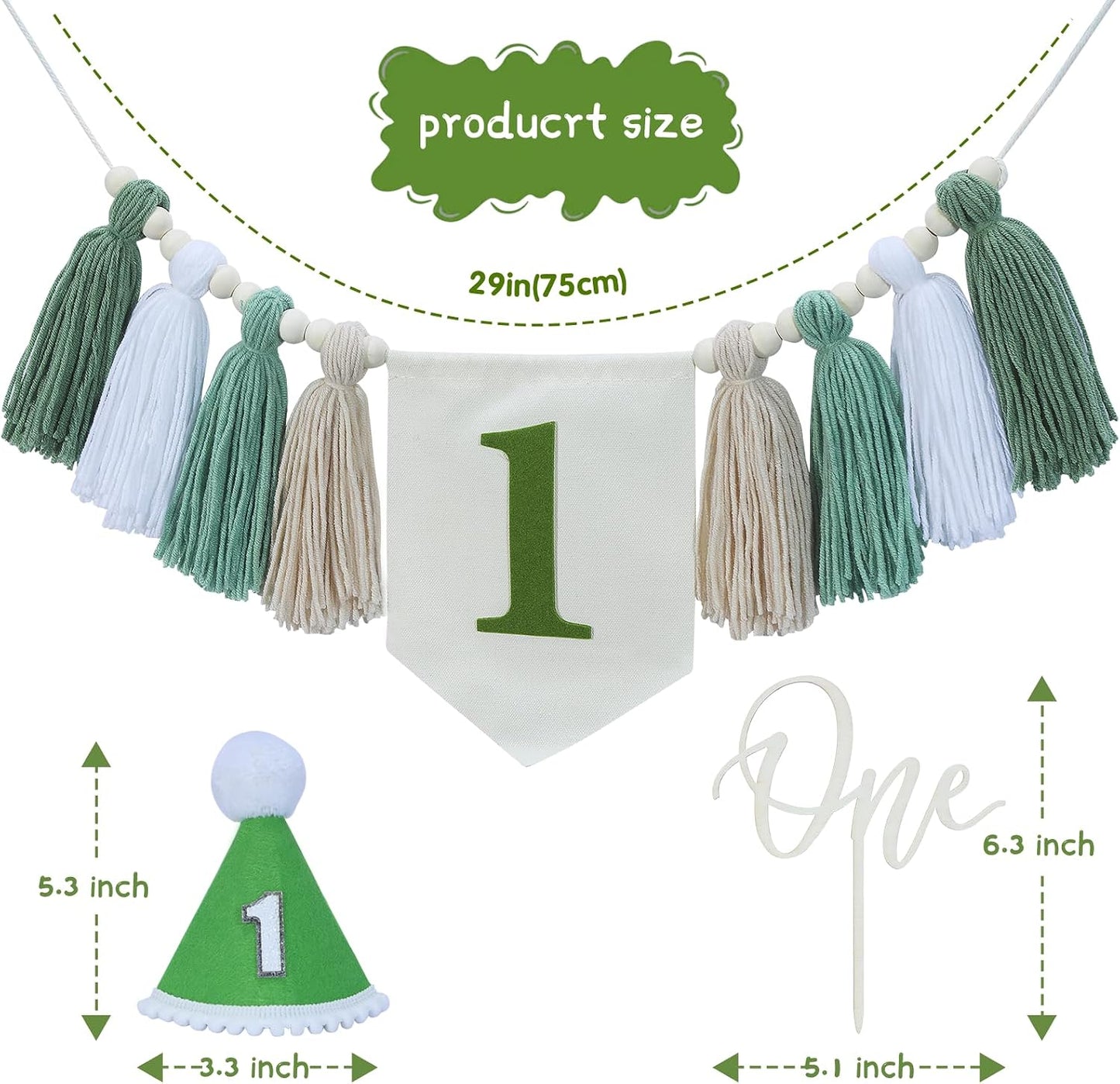 Wood Bead Tassel Garland Banner for Baby 1st Party / Green