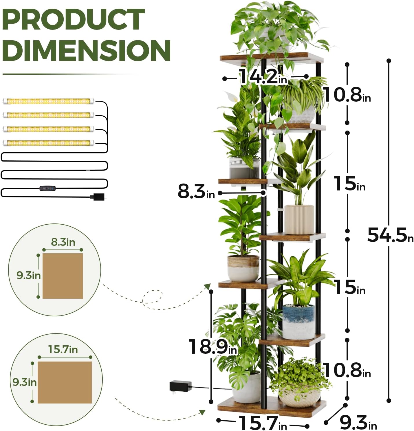 Bamworld Plant Stand with Grow Light for Indoor Plants Corner 7 Tier | Metal Plant Shelf Wood Flower Stand for Home