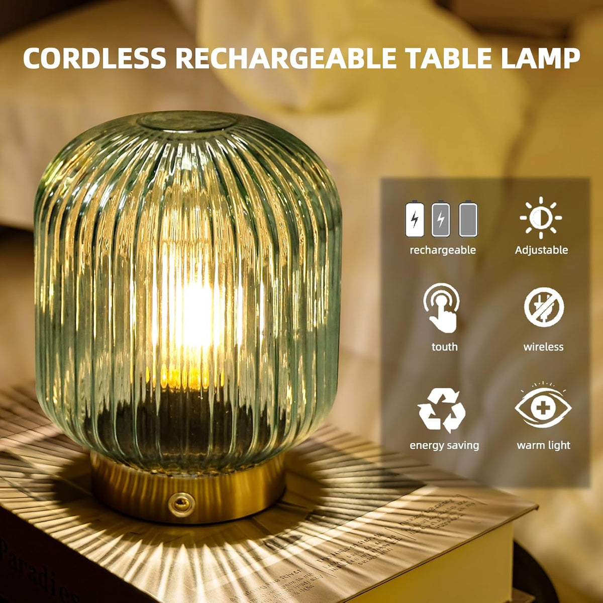 MJ PREMIER Rechargeable Table Lamp,Cordless Lamp with Memory Function,Green | Small Glass LED Lamp with Dimmable