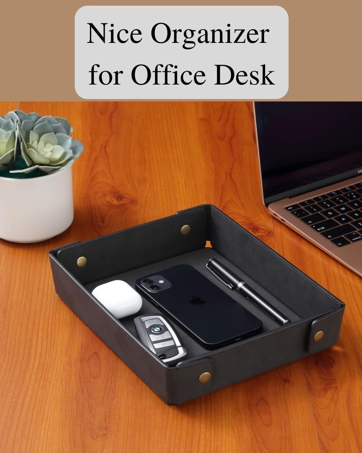 Faux Leather Valet Tray Organizer for Men / Black / Rectangle