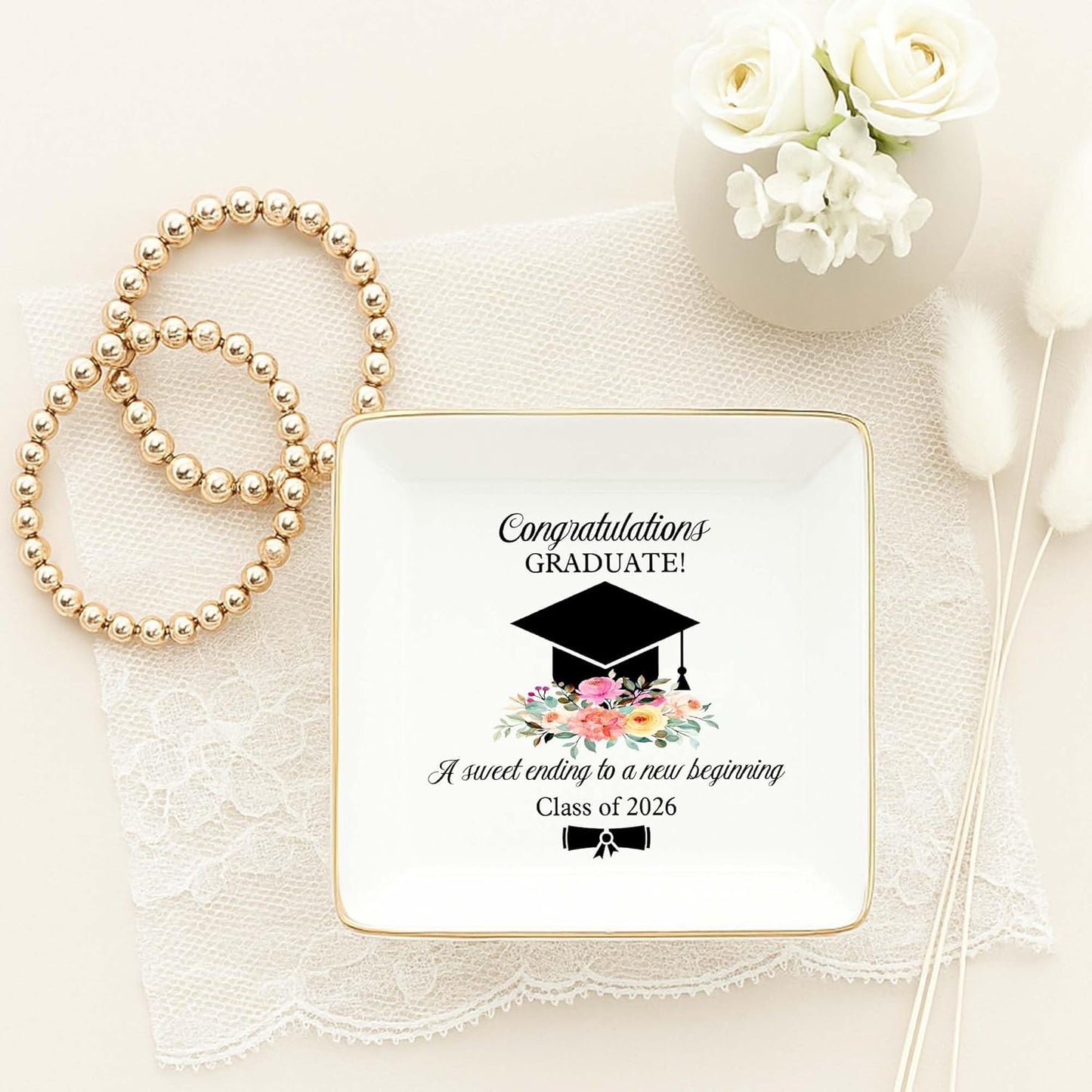 Cap & Flowers Graduate 4" Ceramic Jewelry Dish / Graduation