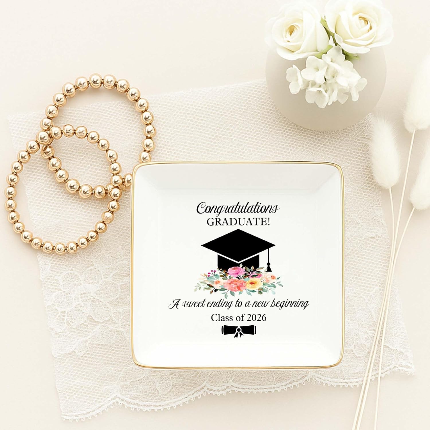 Cap & Flowers Graduate 4" Ceramic Jewelry Dish / Graduation
