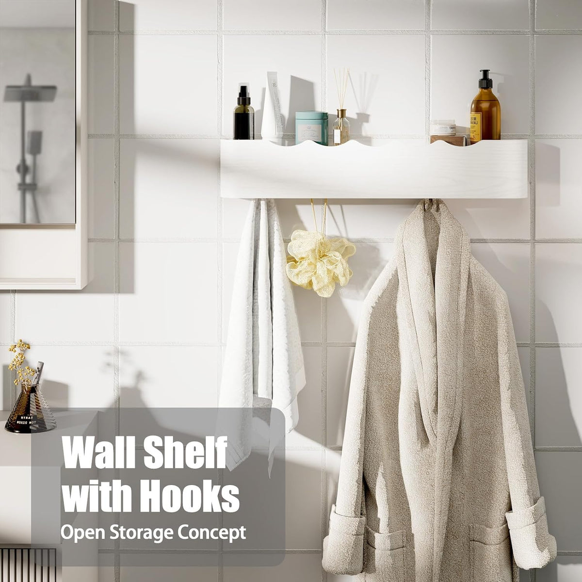 Coat Rack Wall Mount with Shelf 5 Hidden Hooks Modern Wooden Key Holder Entryway Organizer for Hallway Bedroom Bathroom