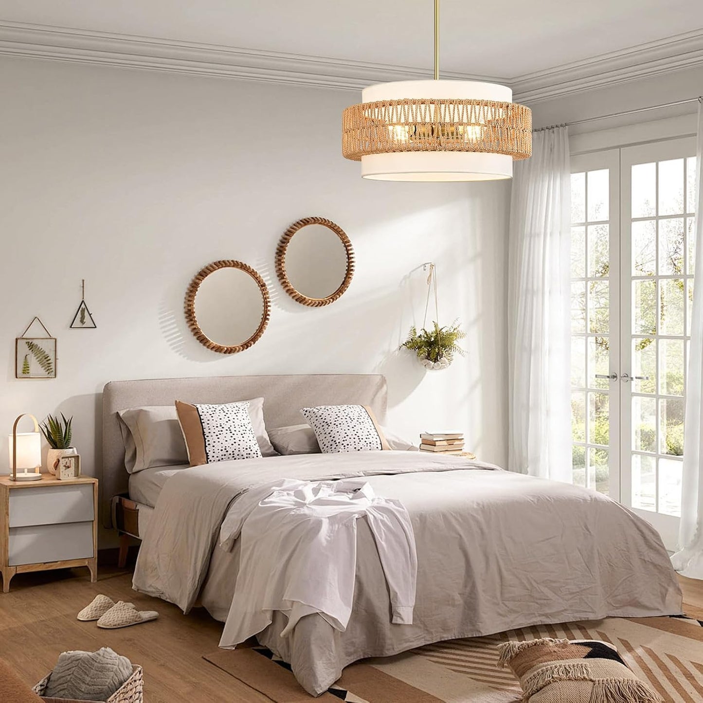Boho Drum Ceiling Hanging Light / 19.7" V-shaped Weaving