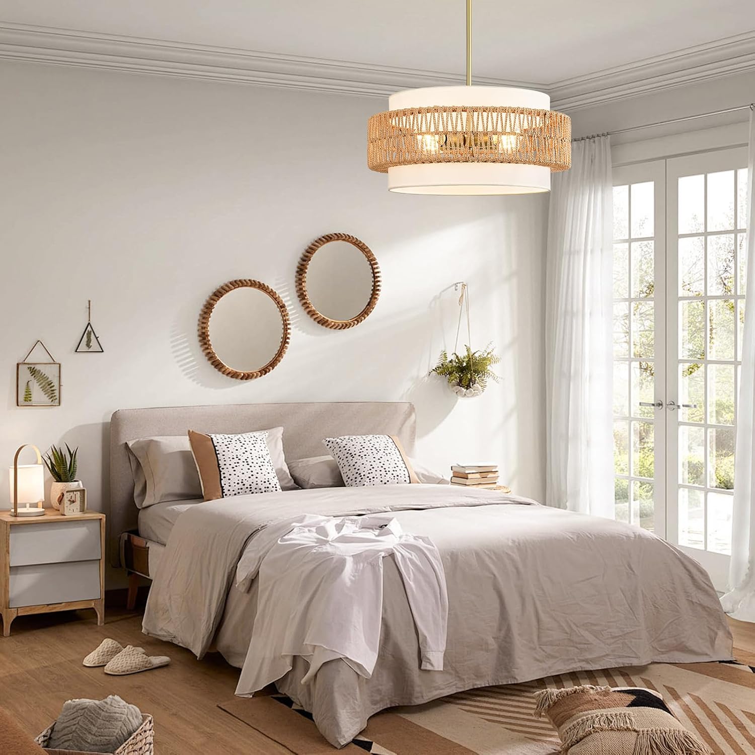 Boho Drum Ceiling Hanging Light / 19.7" V-shaped Weaving