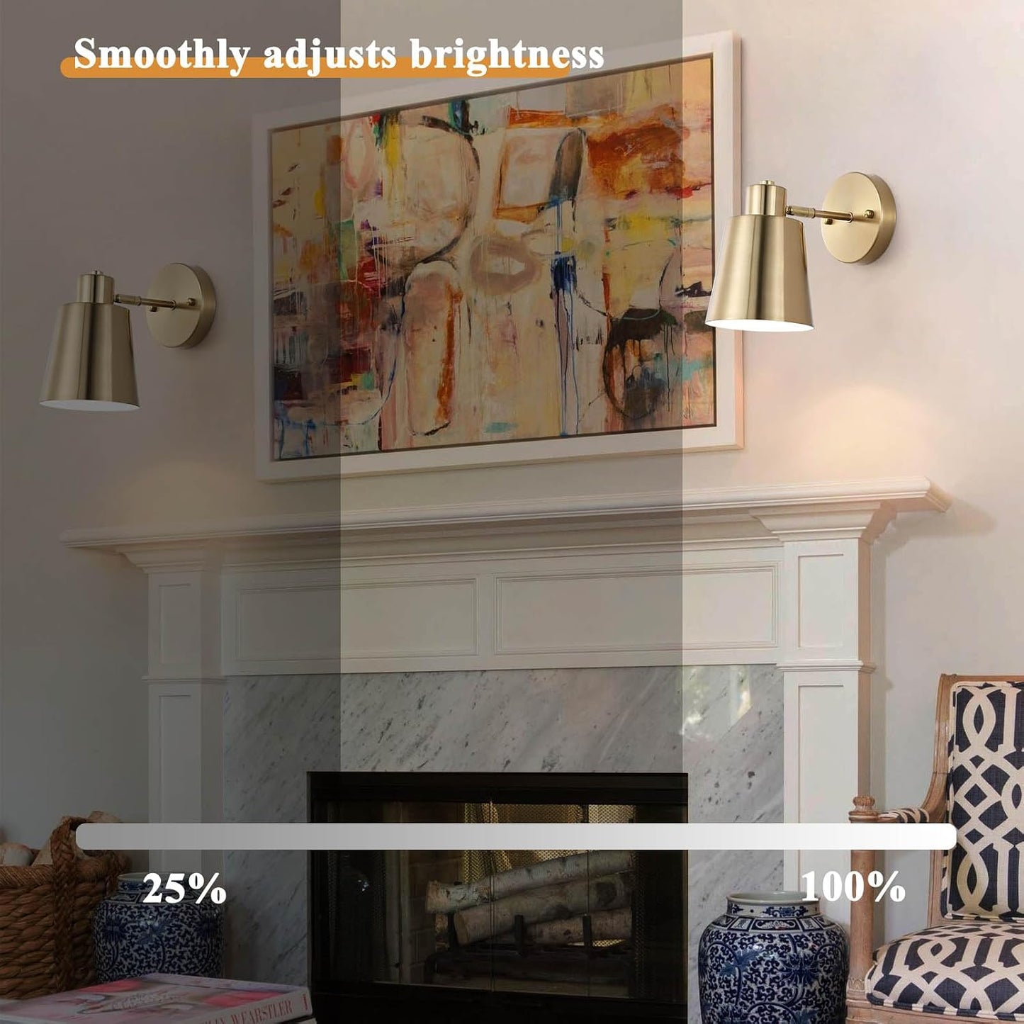 Battery Operated Wall Sconce Set of Two,Gold Modern with Remote Control Dimmable Wall Lighting Indoor, Not Hardwired