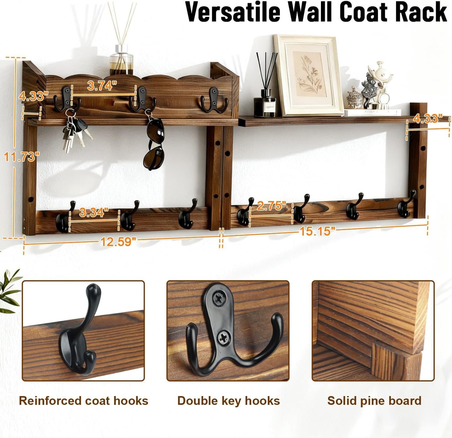 Entryway Key Holder Wall Mount Wood Wall Coat Hooks / Brown / 28 Inch