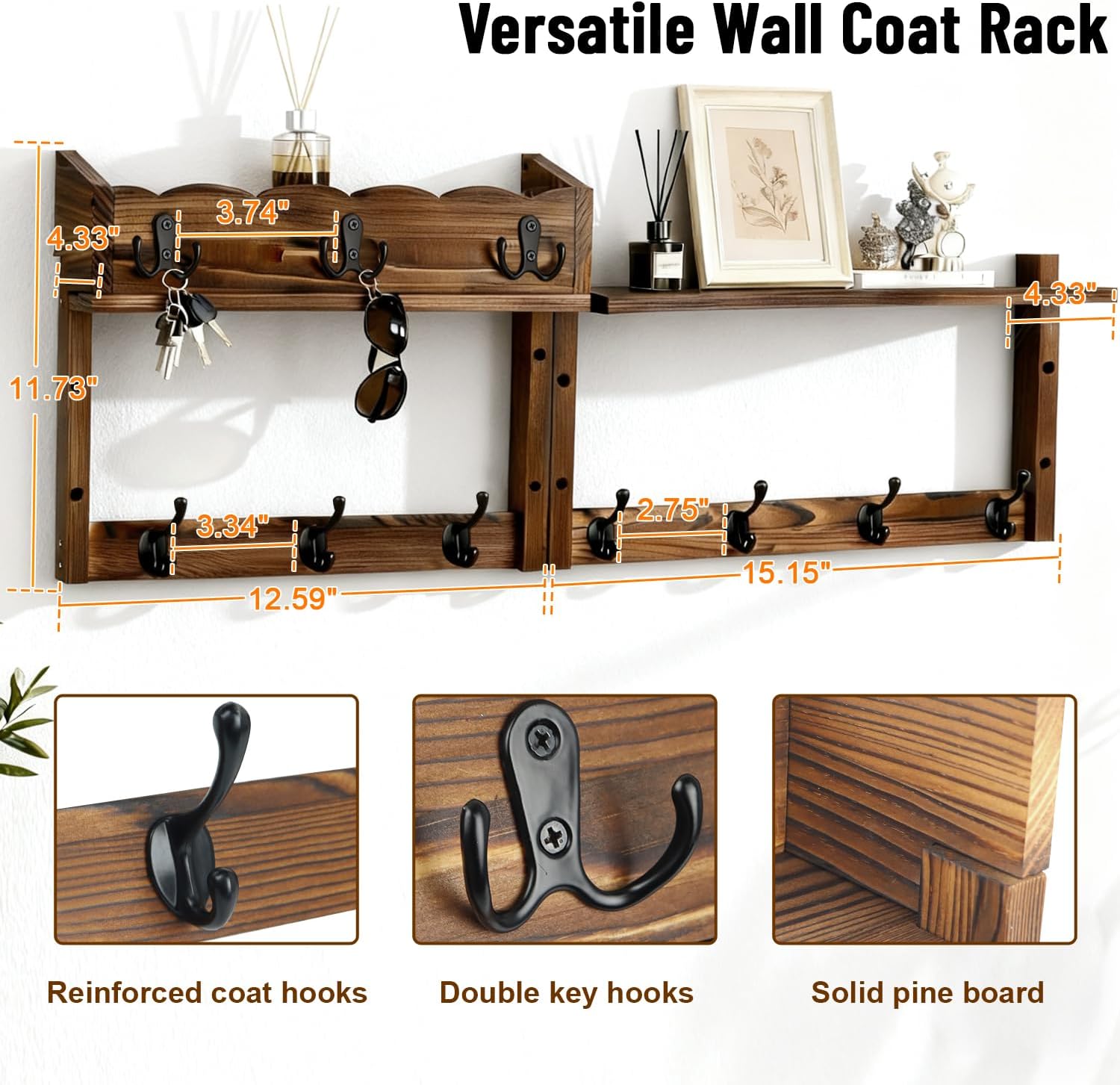 Entryway Key Holder Wall Mount Wood Wall Coat Hooks / Brown / 28 Inch