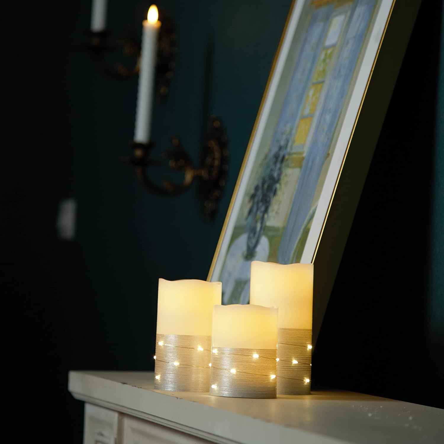 H-BLOSSOM Flickering Flameless Candles Ivory Real Wax Pillar with Embedded String Lights LED Candles Battery Operated