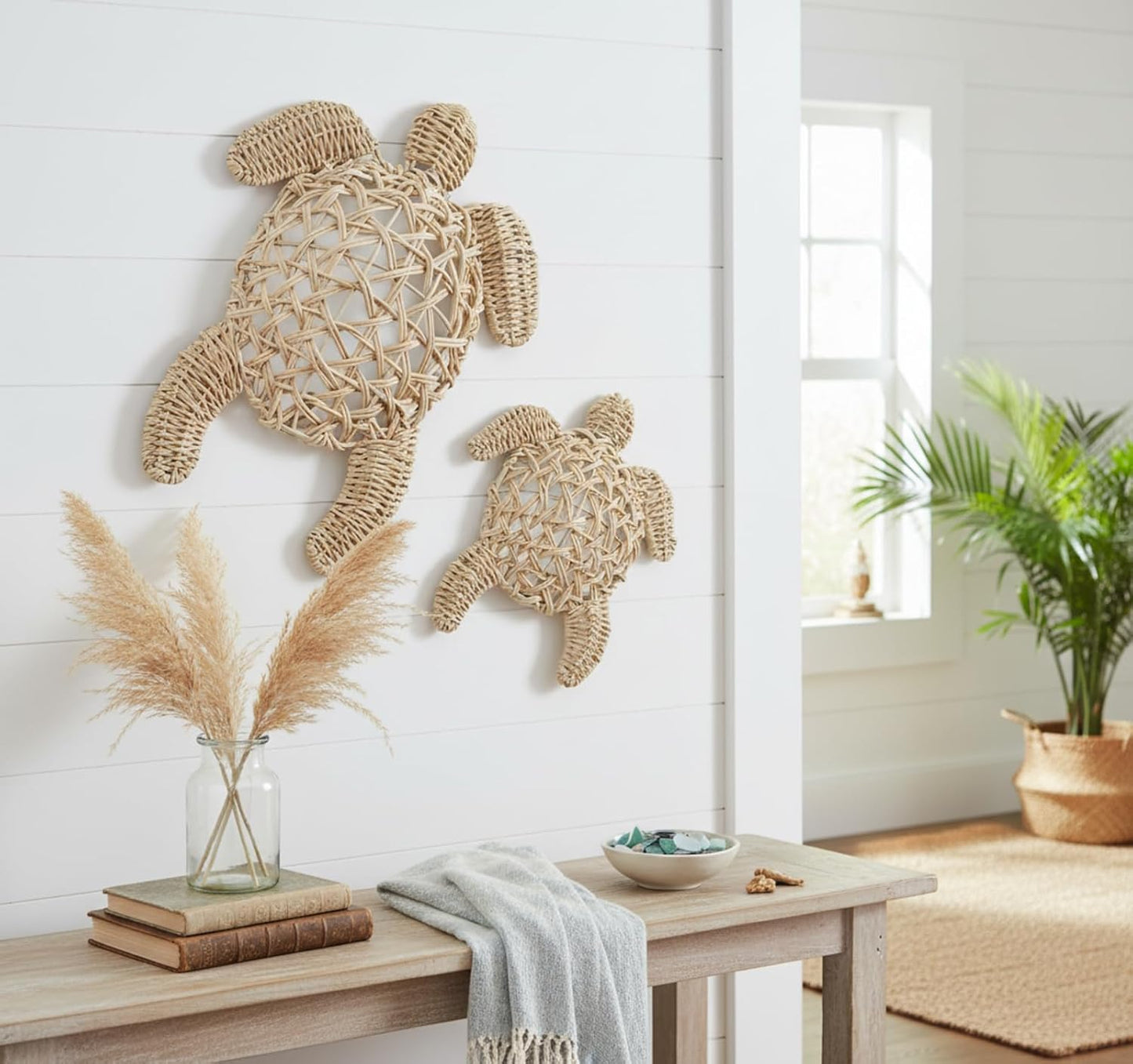 Semi Stereo Wicker Sea Turtle Wall Decor Coastal Beach Boho Handmade Wicker 2 Size Boho / Set of 2