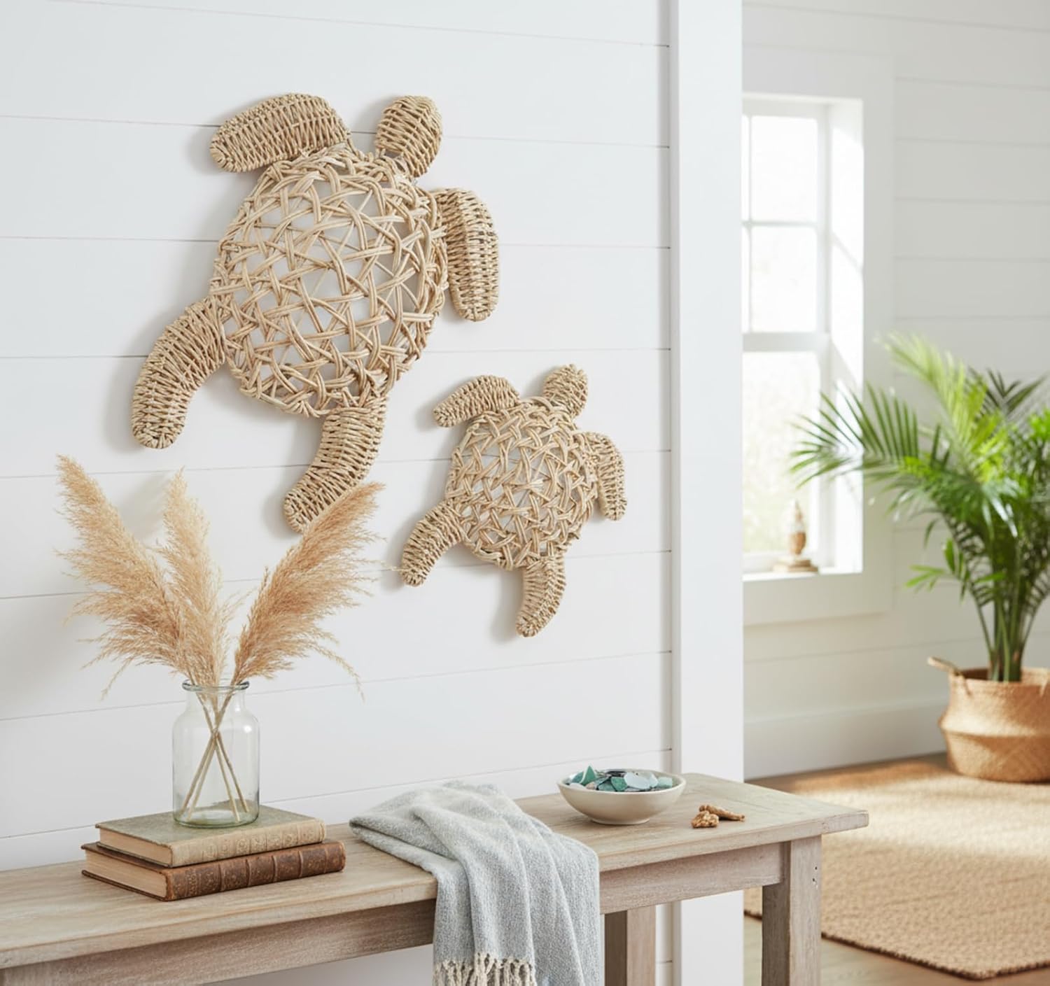 Semi Stereo Wicker Sea Turtle Wall Decor Coastal Beach Boho Handmade Wicker 2 Size Boho / Set of 2