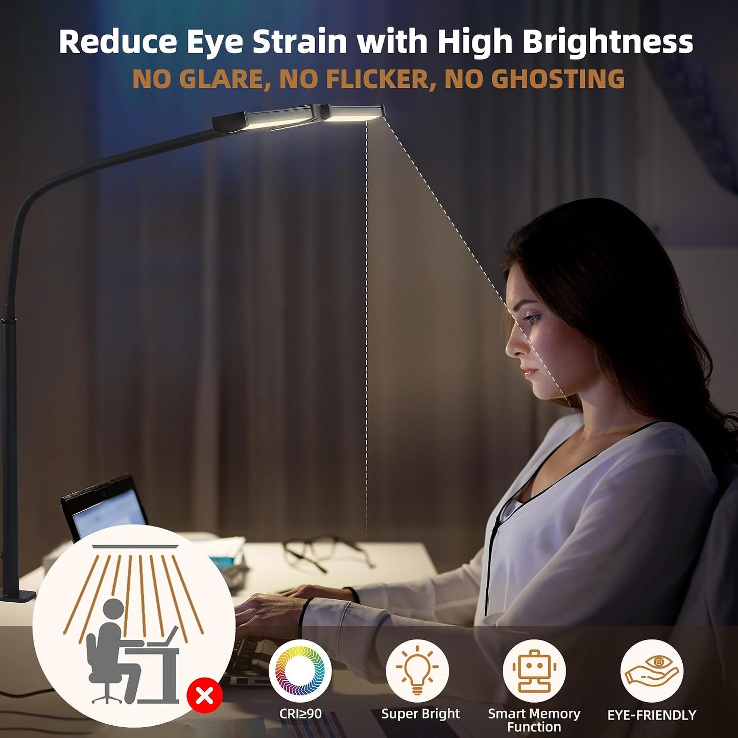 Motumen Led Desk Lamp for Home Office, Eye-Care Desk Light Clamp, Black | Smart Double Head Computer Monitor Table Clip