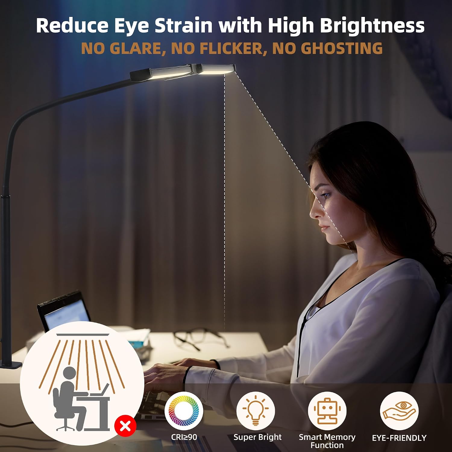 Motumen Led Desk Lamp for Home Office, Eye-Care Desk Light Clamp, Black | Smart Double Head Computer Monitor Table Clip