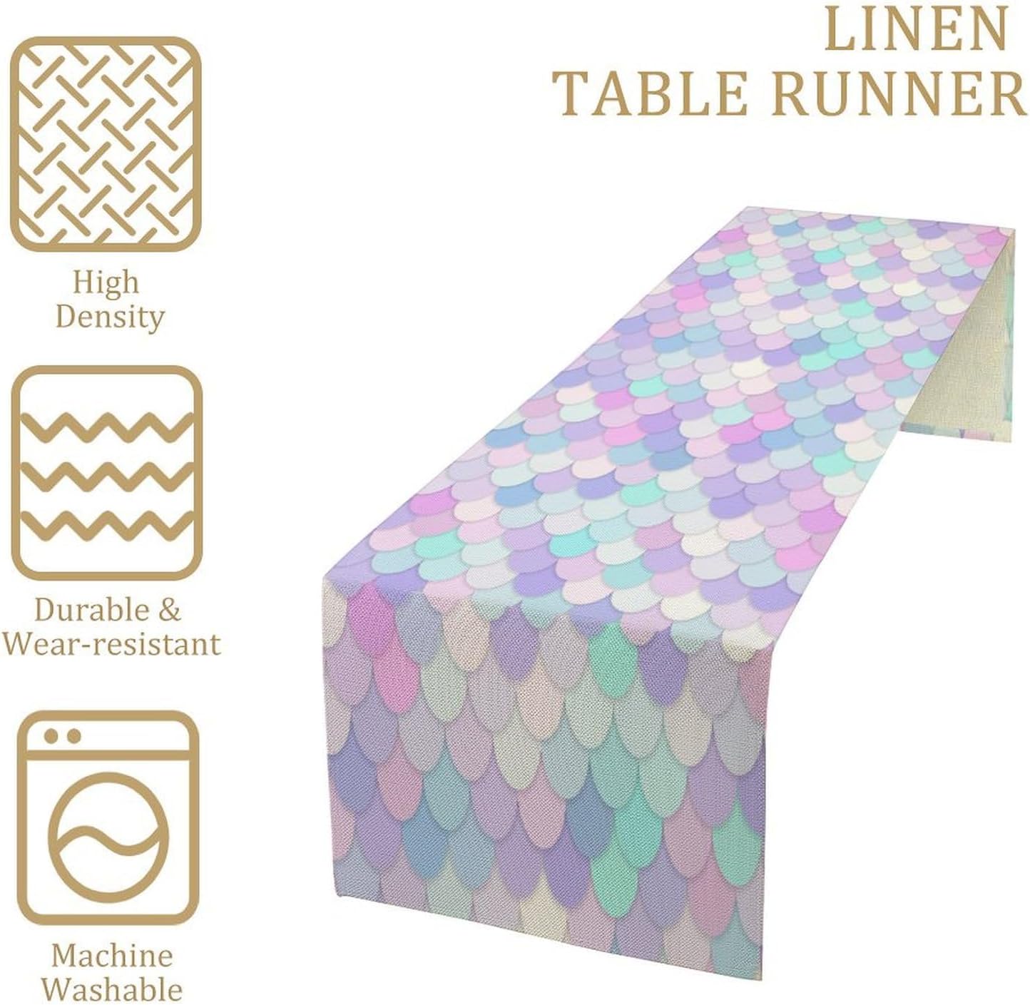 Mermaid Scales Table Runner Sea Theme Magic Blue Purple Pink Watercolor Scales Pattern Printed Linen Table Runner for