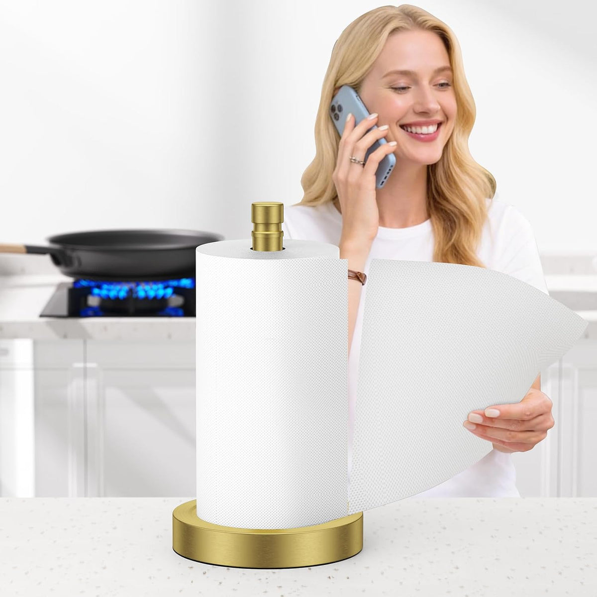 Brass Paper Towel Holder Countertop,One-Handed Tear, Stainless Steel, Weighted Base Paper Towel Roll Holder Stand,Paper