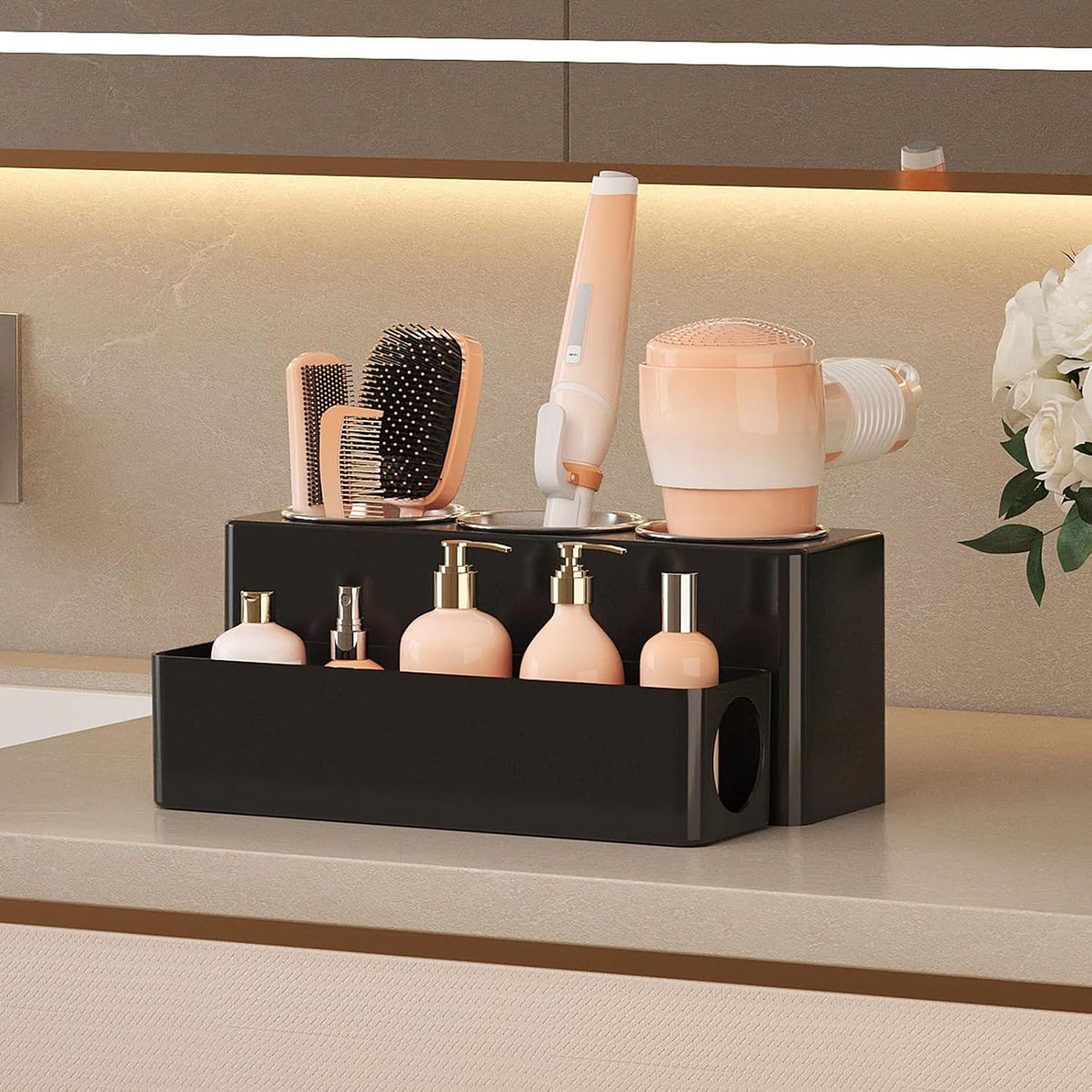 Lifewit Hair Tool Organizer Dryer Holder Countertop with 3 Cups, Black | 3 Stainless cups Tools Organizer, Acrylic body