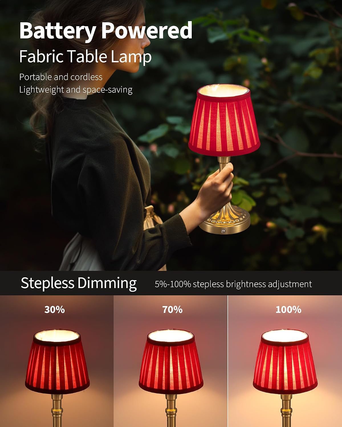 KDG Gold Cordless Table Lamps Set of 2, Red Fabric Shade Small Desk Lamp | Portables 4000mAh Battery Powered, LED