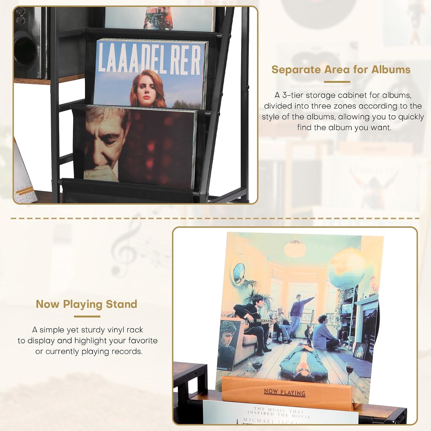 HYCFYJR Record Player Stand, Vinyl Record Storage with Now Playing Holder | 3 Tier Turntable Stand with Album Storage