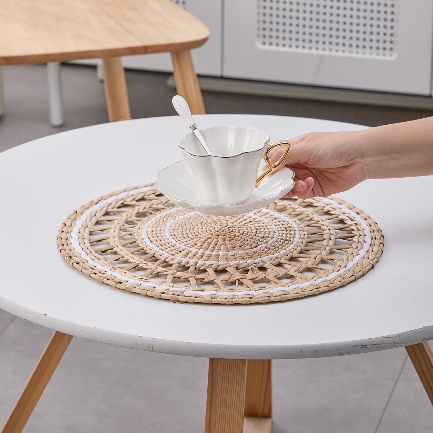 Boho Woven Grass Wall Hanging & Tray / Minimalist White / Set of 2