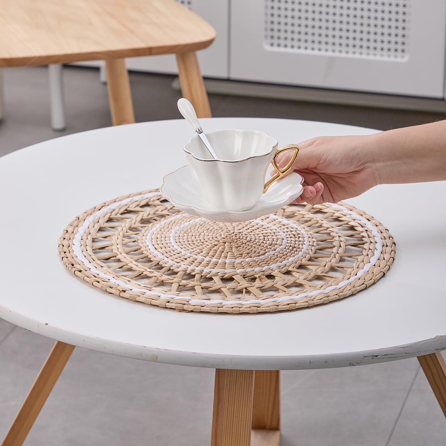 Boho Woven Grass Wall Hanging & Tray / Minimalist White / Set of 2