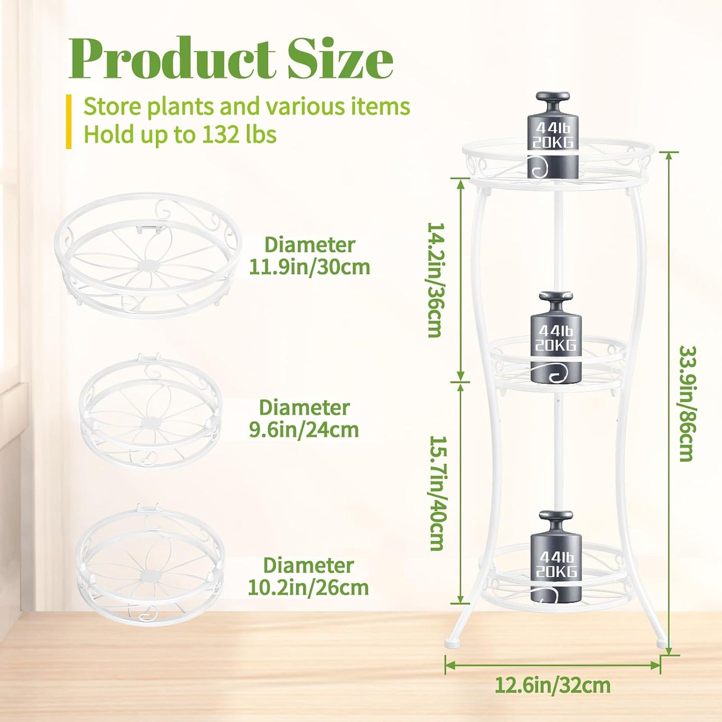 iDavosic.ly 3 Tier Metal Plant Stand Outdoor Indoor, 34 Inch Tall, White | Corner Flower Pot Holder Shelf, Wrought Iron