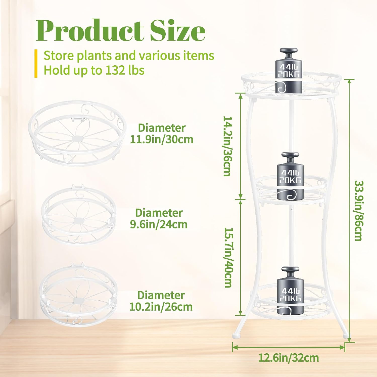 iDavosic.ly 3 Tier Metal Plant Stand Outdoor Indoor, 34 Inch Tall, White | Corner Flower Pot Holder Shelf, Wrought Iron