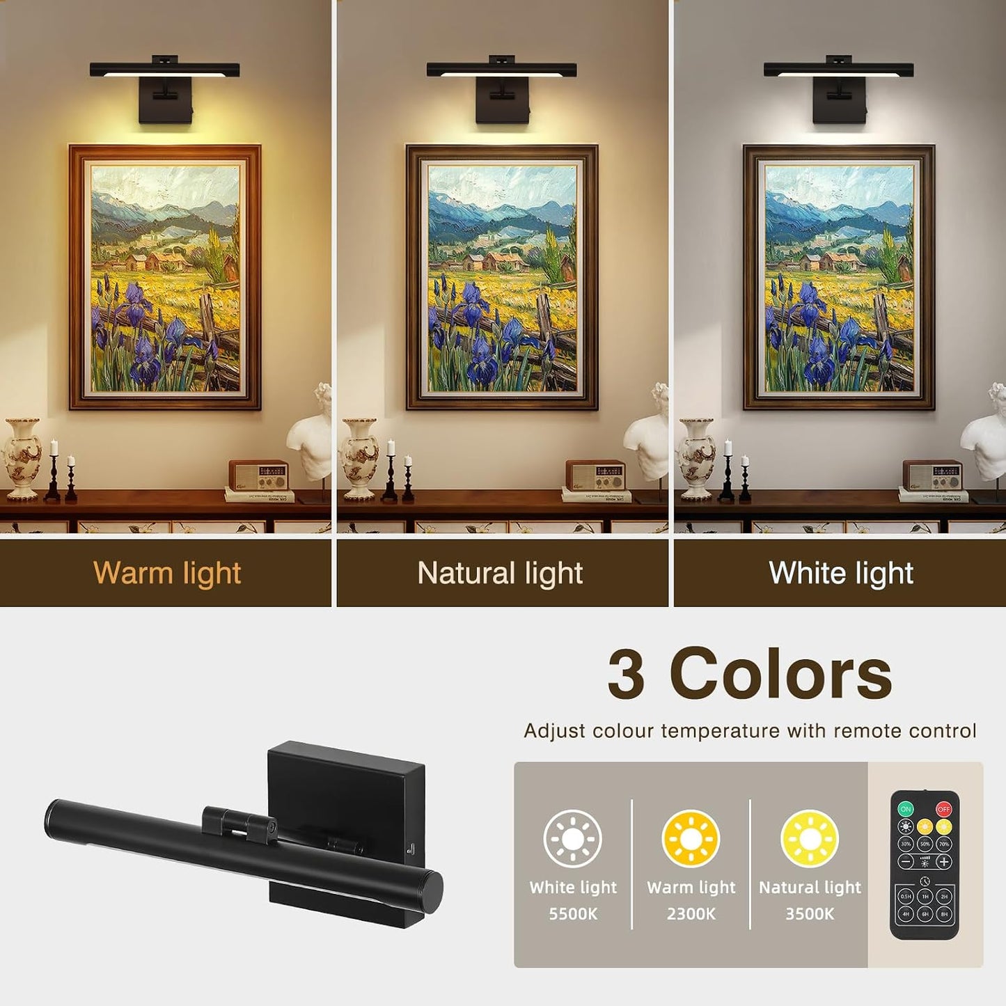 Joosenhouse Battery Operated Picture Light (2-Pack), 5000mAh Rechargeable Wall Light, Wireless Art Display Light with
