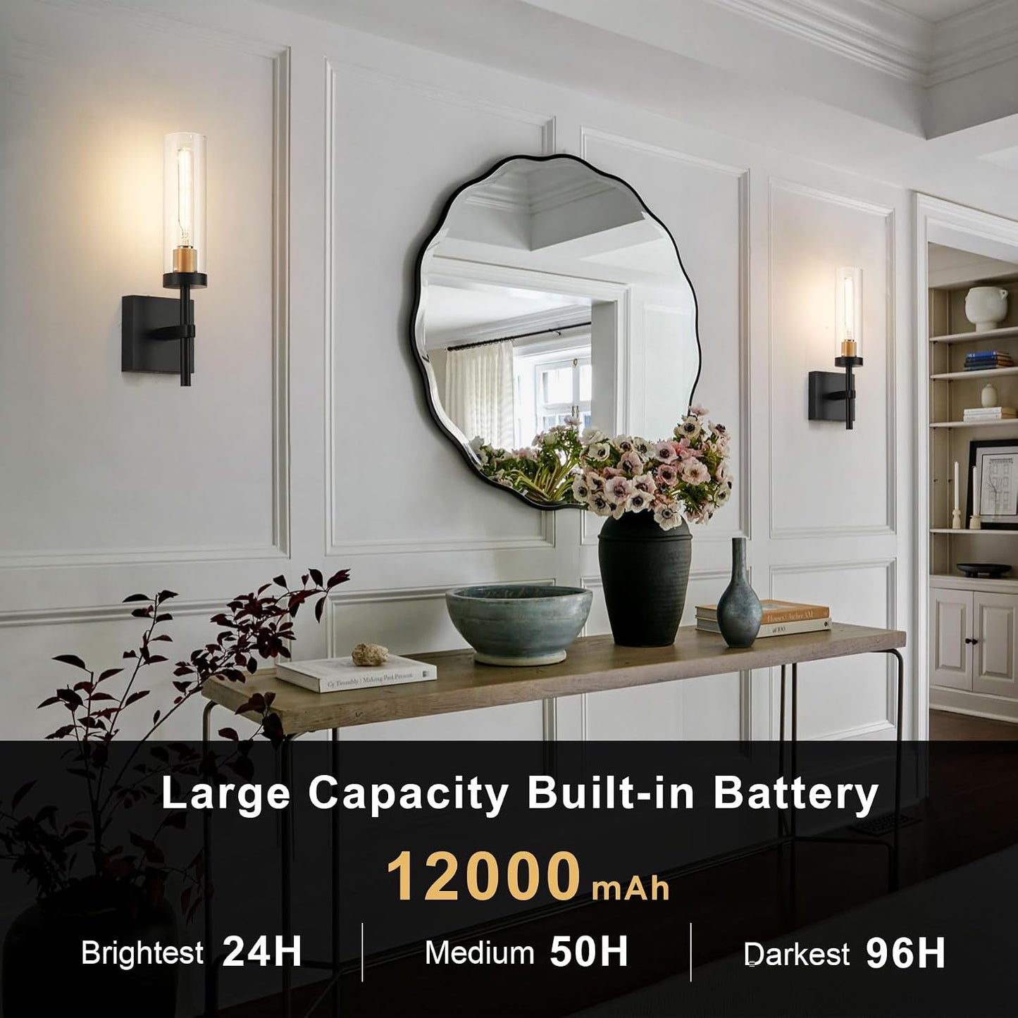 Wireless Wall Sconces with Remote Control, Battery Operated Wall Sconce Set of 2, Black & Gold Rechargeable Dimmable