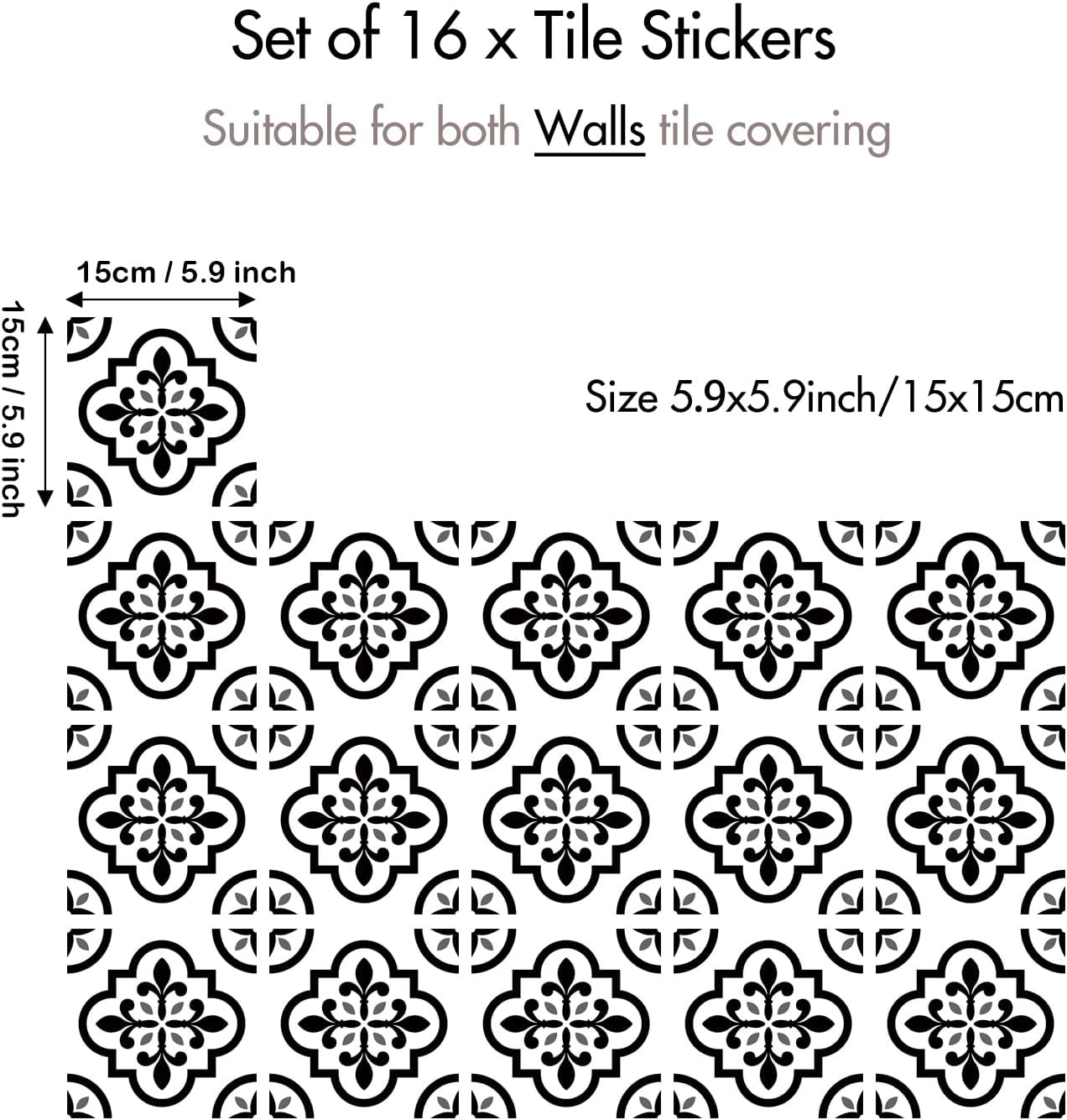 White Peel and Stick Tiles / Black / 5.9 Inch / Set of 16