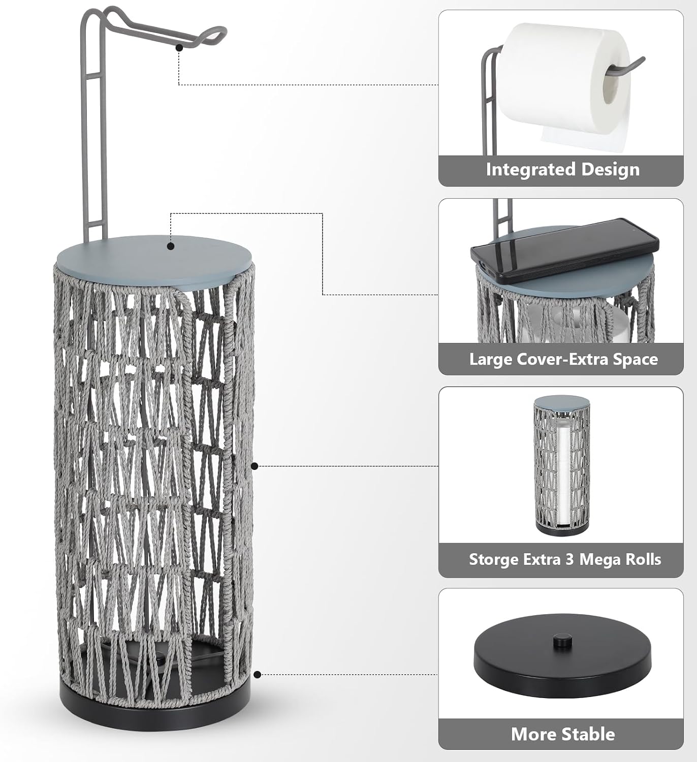 Boho Toilet Paper Holder with Storage，3 Rolls of Freestanding Toilet Paper Roll Holder Stand,Wicker Tissue Holder for