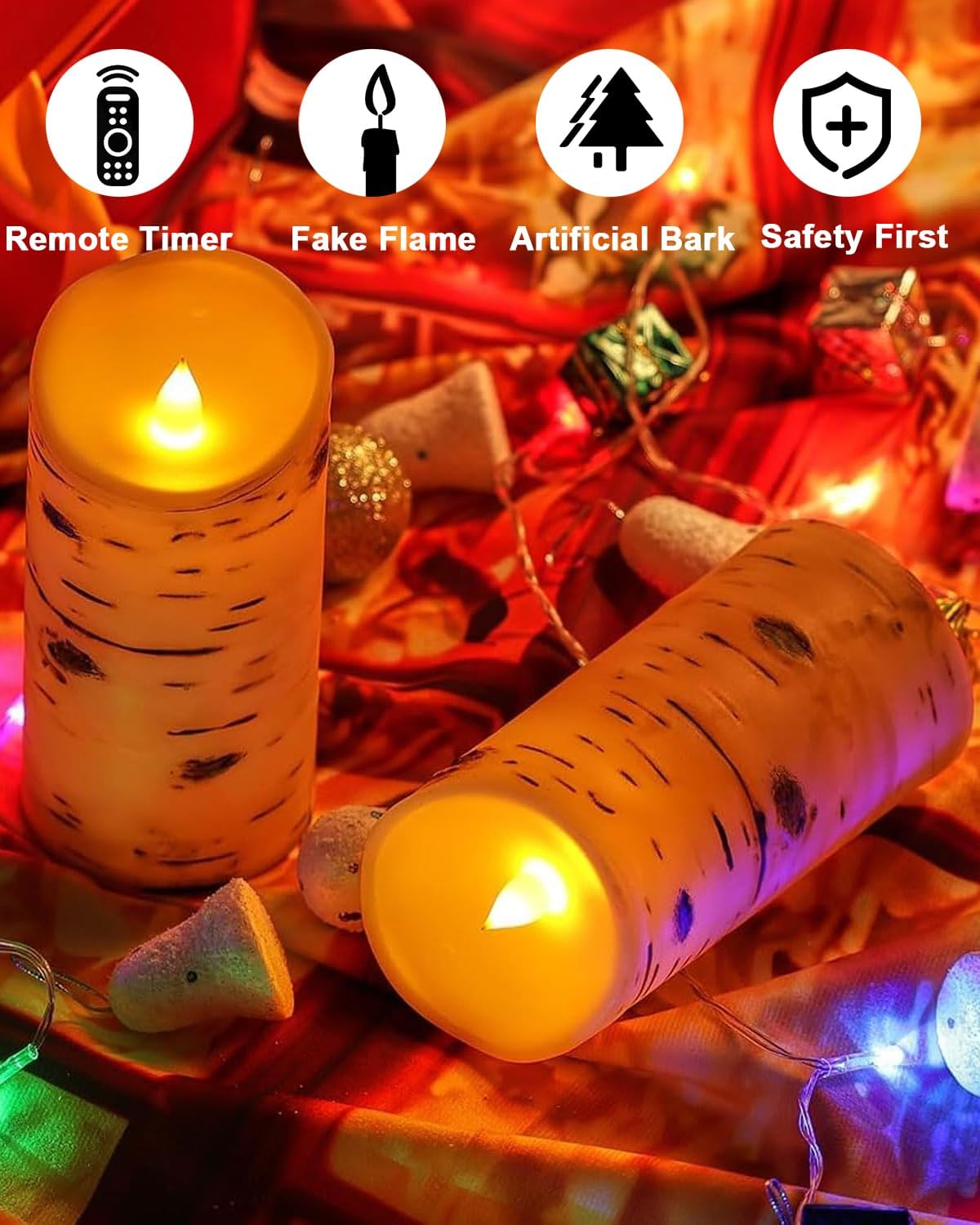Comenzar Flameless Candles Birch Bark Texture, Flickering Flame Battery Operated LED Candles, Electric Plastic Candles