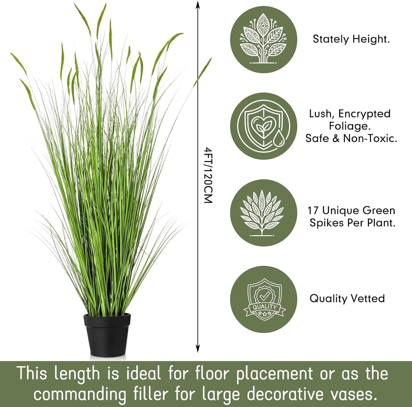 Tall Artificial Grass Plants Fake Horsetail Reed Grass Plant / 4 Ft / Green Spikes / Set of 2