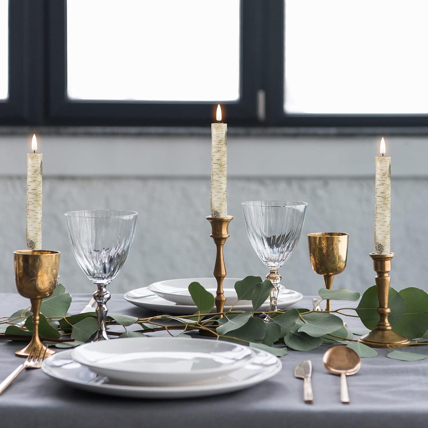 Short Birch Bark Flameless Taper Candles with Remote Set of 6 | Flickering Wood LED Candlesticks, Real Wax Coating, 2
