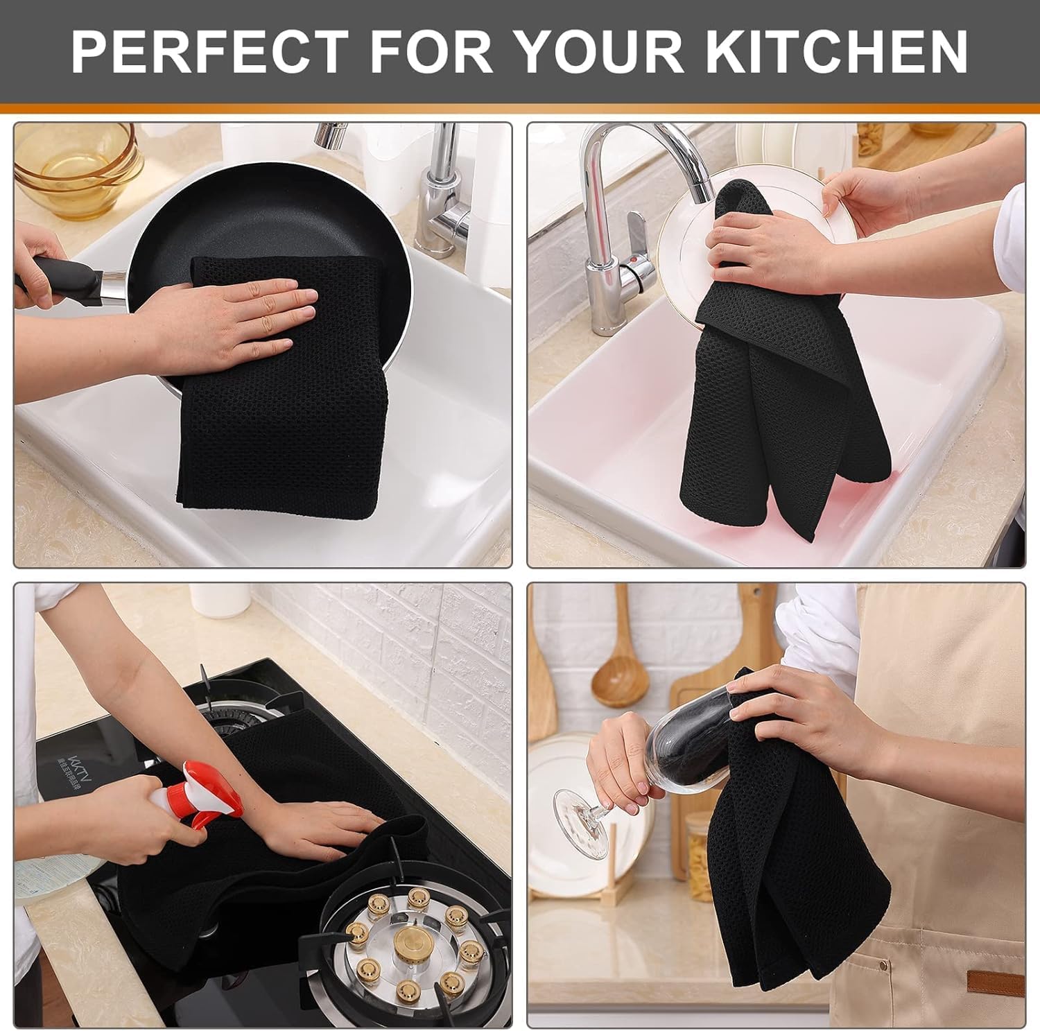 Kitinjoy 100% Cotton Waffle 12-Pack Kitchen Towels, 13" x 28", Black | Super Soft, Ultra-Absorbent, Fast Drying