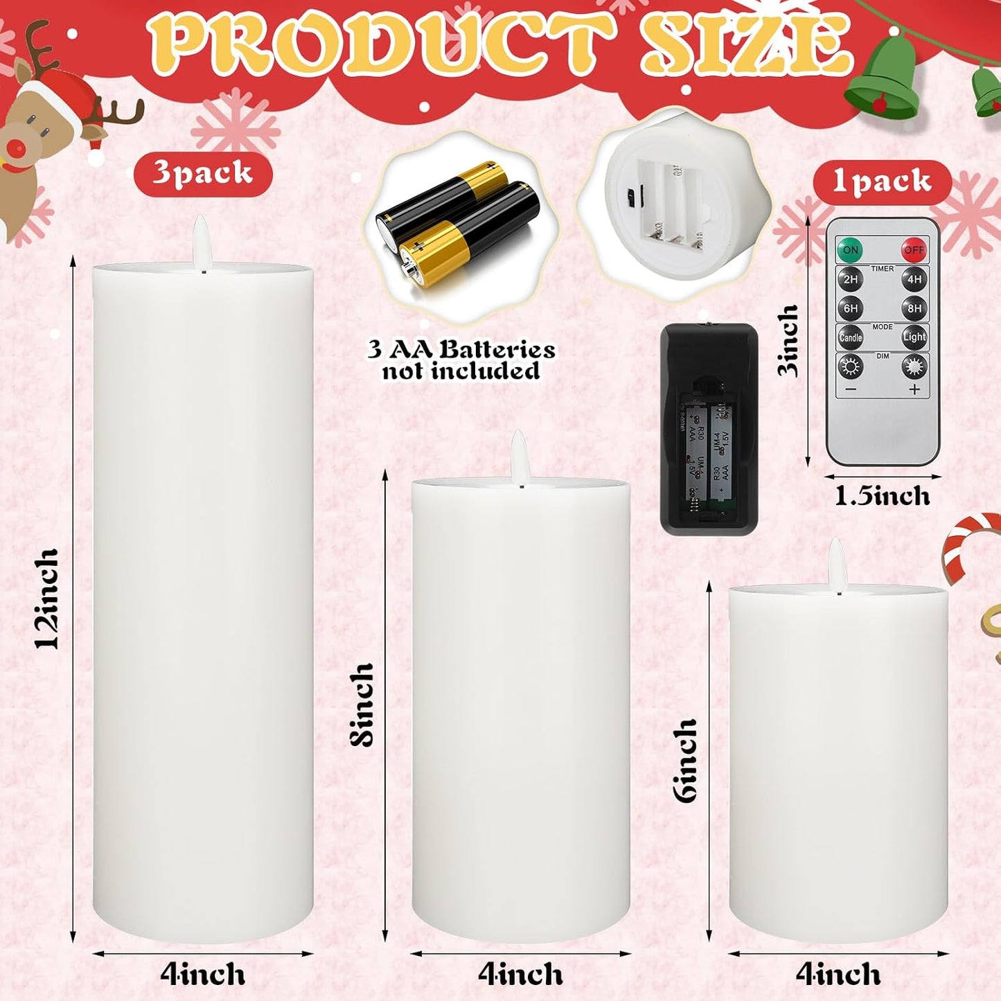 3 Pcs White 6/8/12 Icnhes Flameless LED Candles with Remote and 2/4/8h Timer Battery Operated Wax Flickering Candles