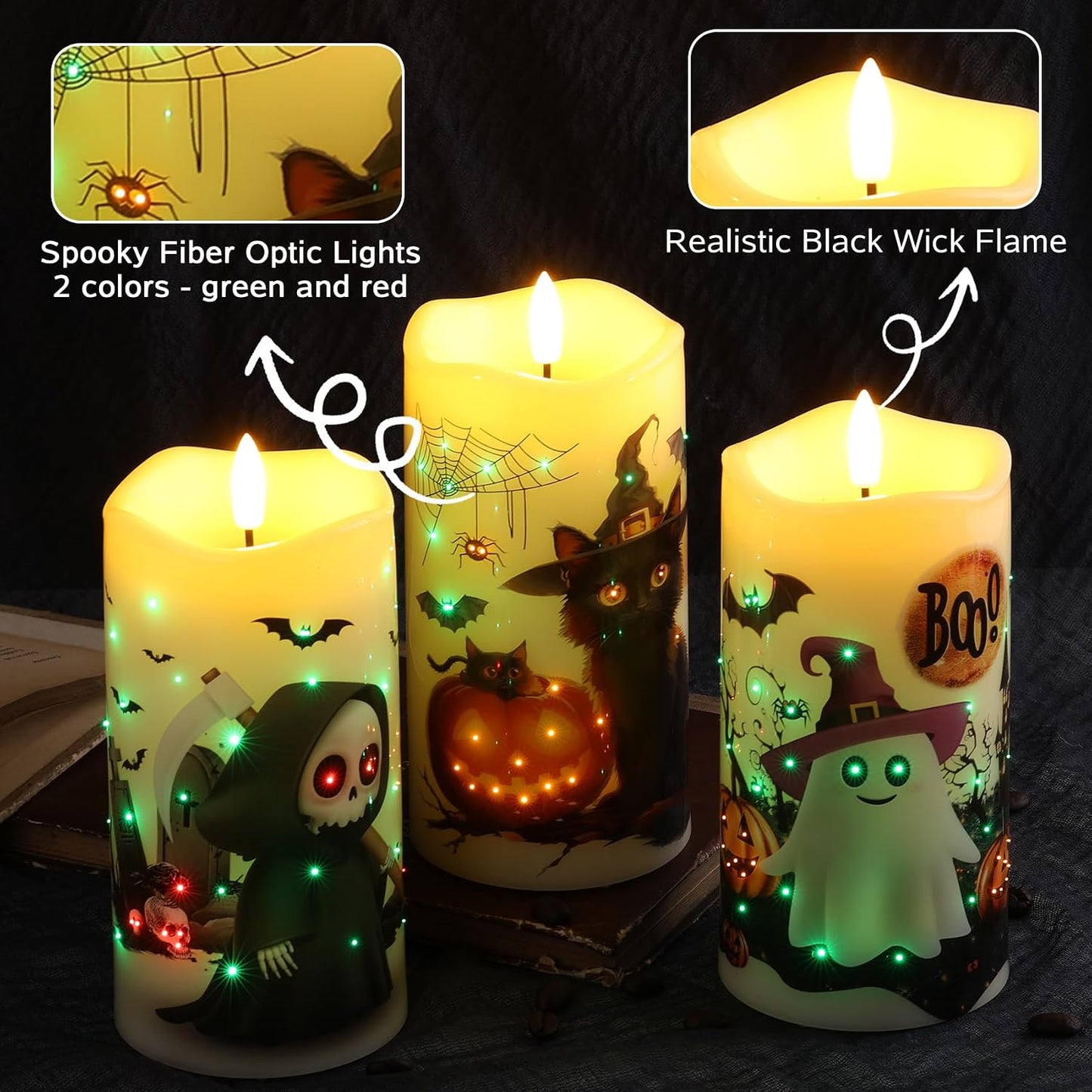 Fiber Optic Halloween Flameless Pillar Candles with Remote 3 Pack | Ghost Cat Bat LED Candles Flickering, 3 AA Battery
