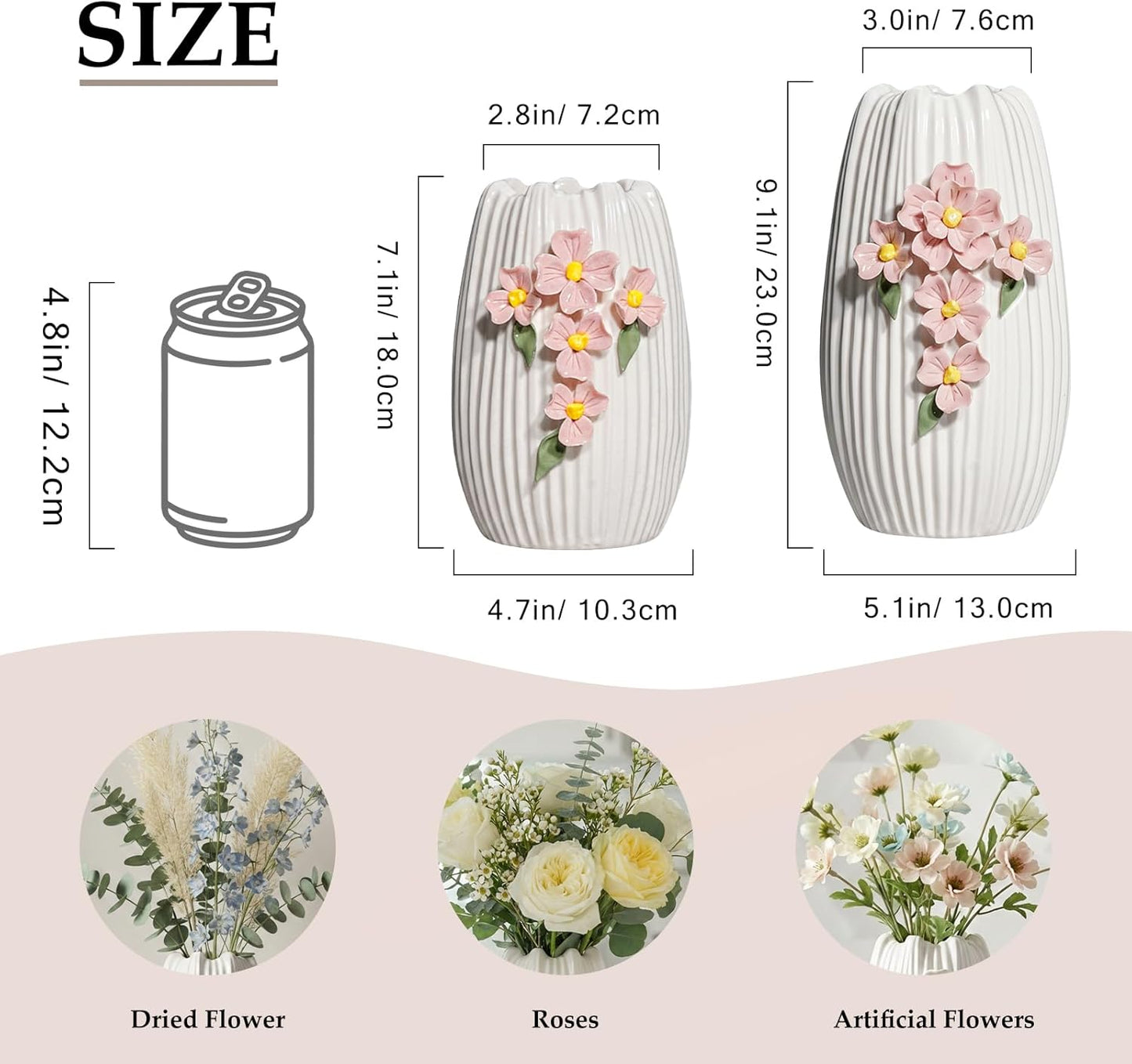 Ceramic Flower Vase / White and Pink / 9 Inch