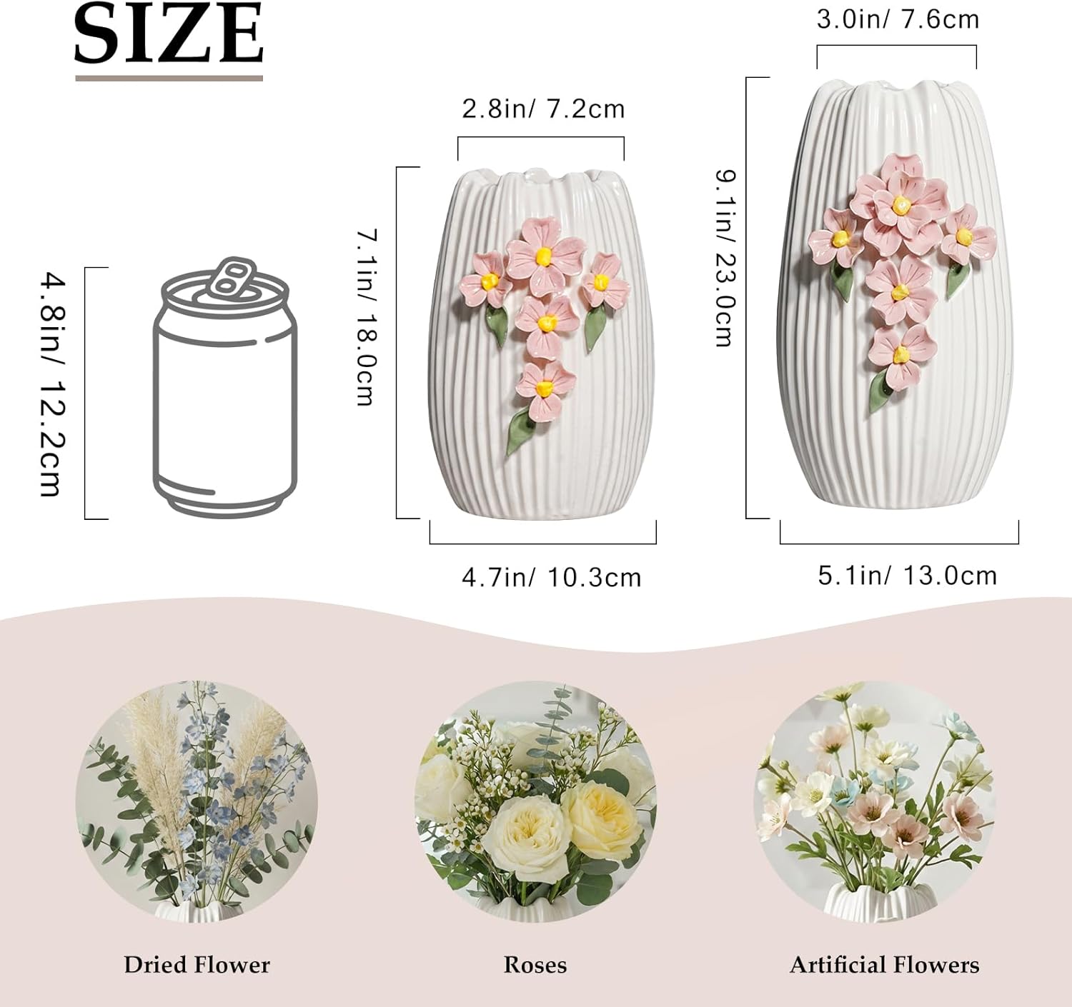 Ceramic Flower Vase / White and Pink / 9 Inch
