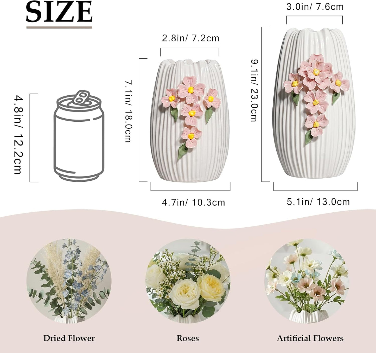 White Ceramic Flower Vase / White and Pink / 7 Inch