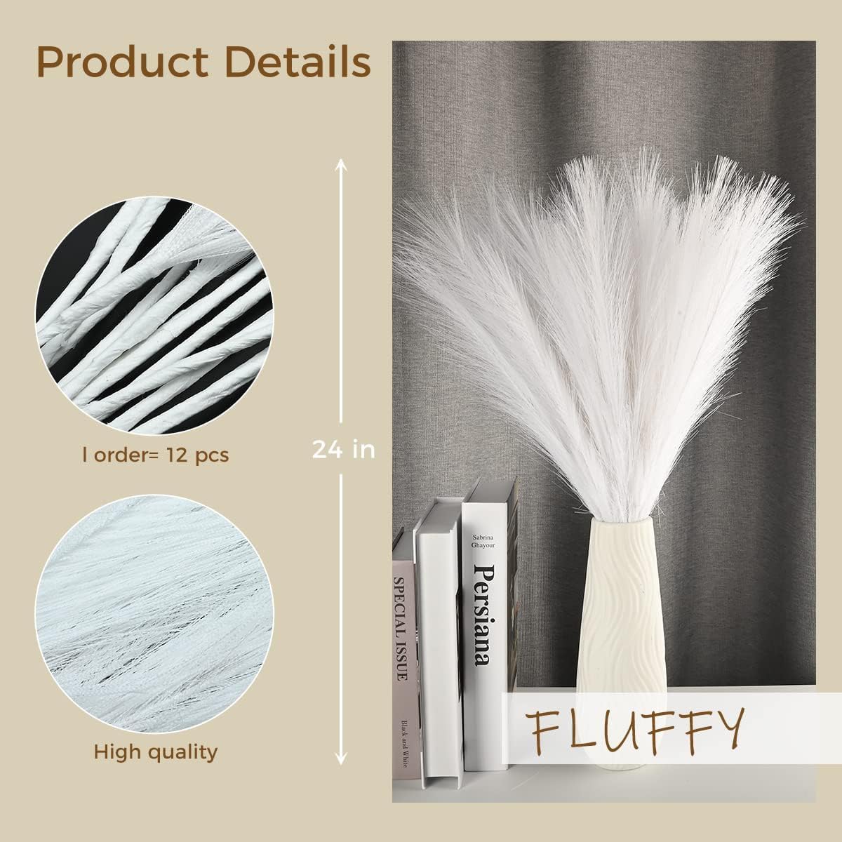 Small Artificial Pampas Grass Decor for Vase / White / 24 / 24 Inch / Set of 12